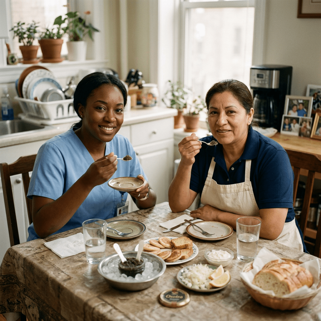 Two women sitting at a kitchen table tasting caviar with crackers and lemon wedges