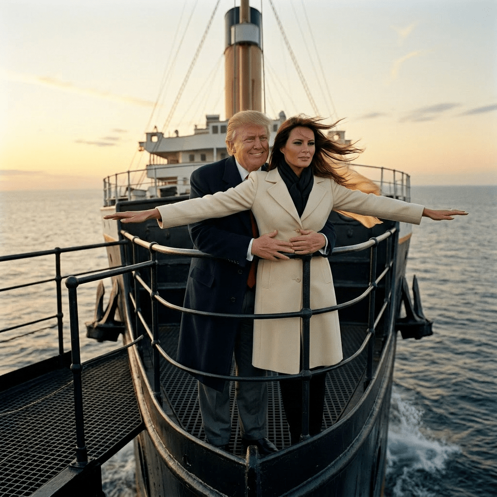 Man in navy coat and red tie and woman in cream coat standing on ship deck at sunset