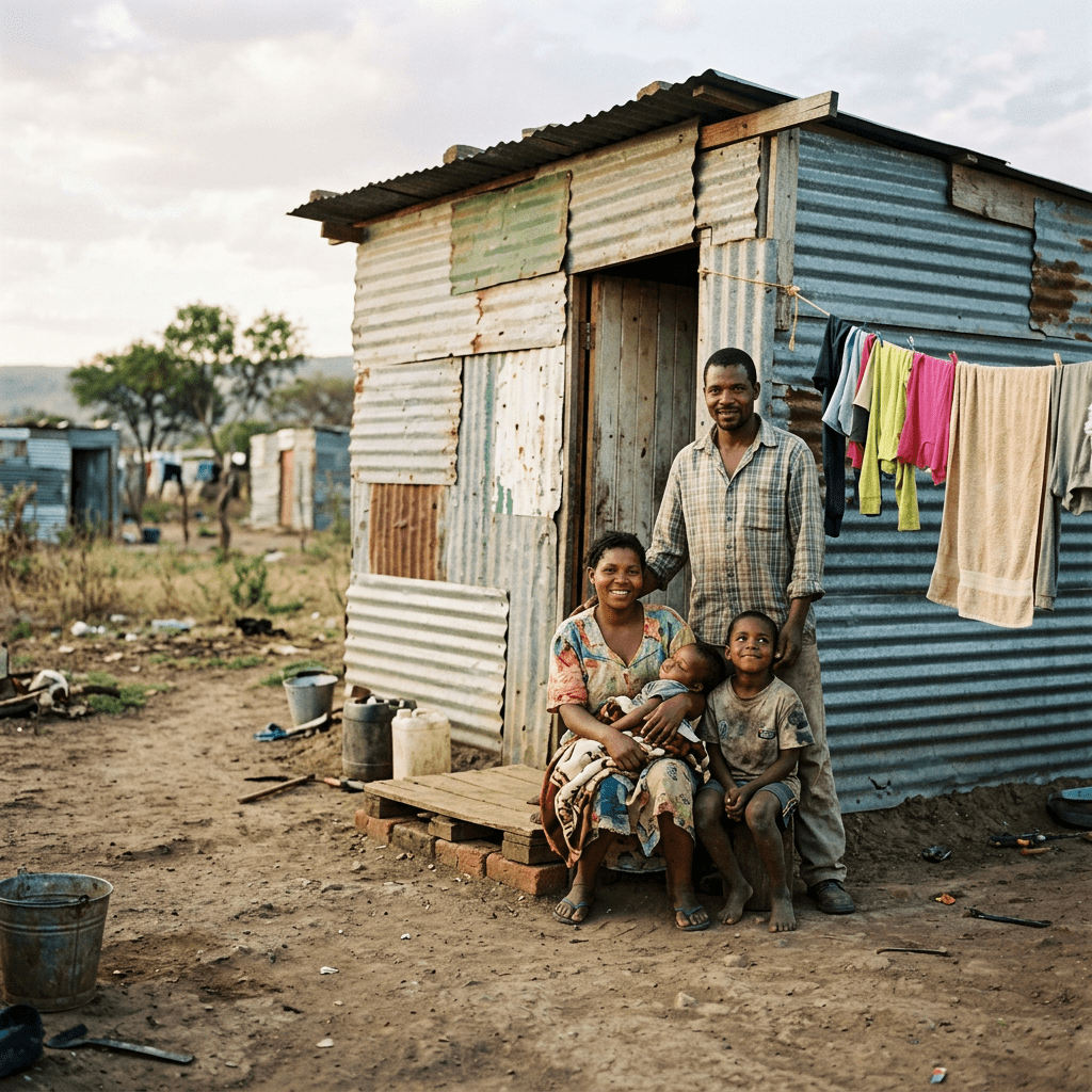 Family of four outside a corrugated metal shack with laundry hanging