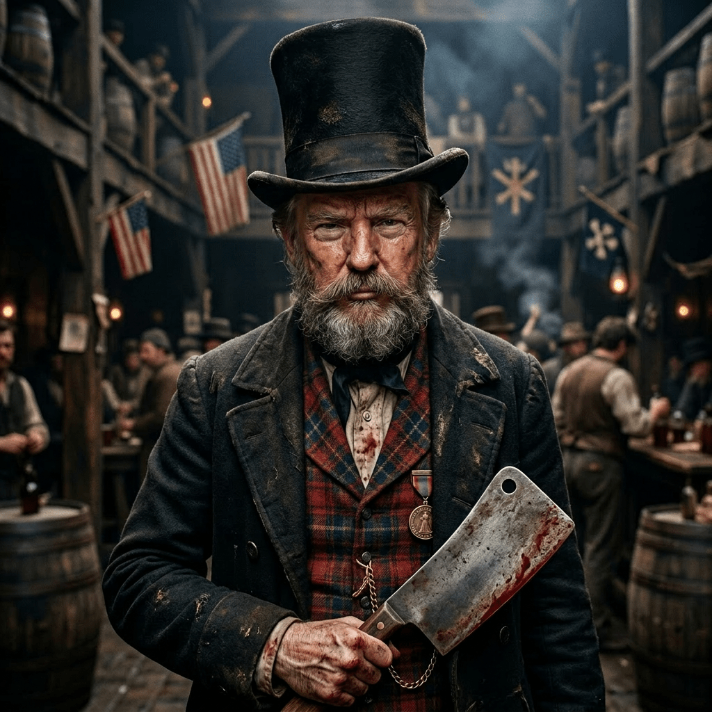 19th-century man with facial scars and bloodied cleaver in rustic tavern