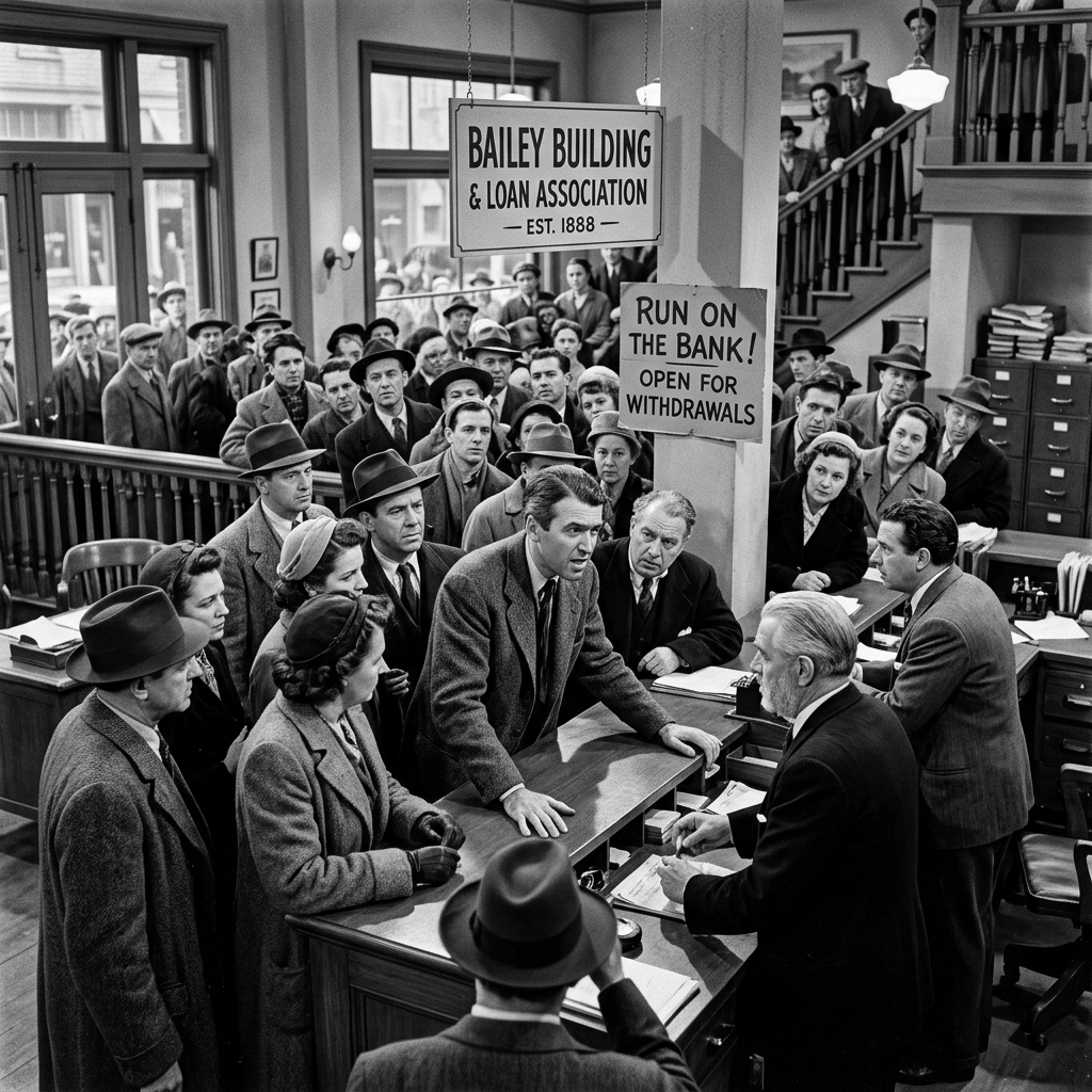 People crowded inside bank during a run, with signs 'Bailey Building & Loan Association' and 'Run on the bank! Open for withdrawals'