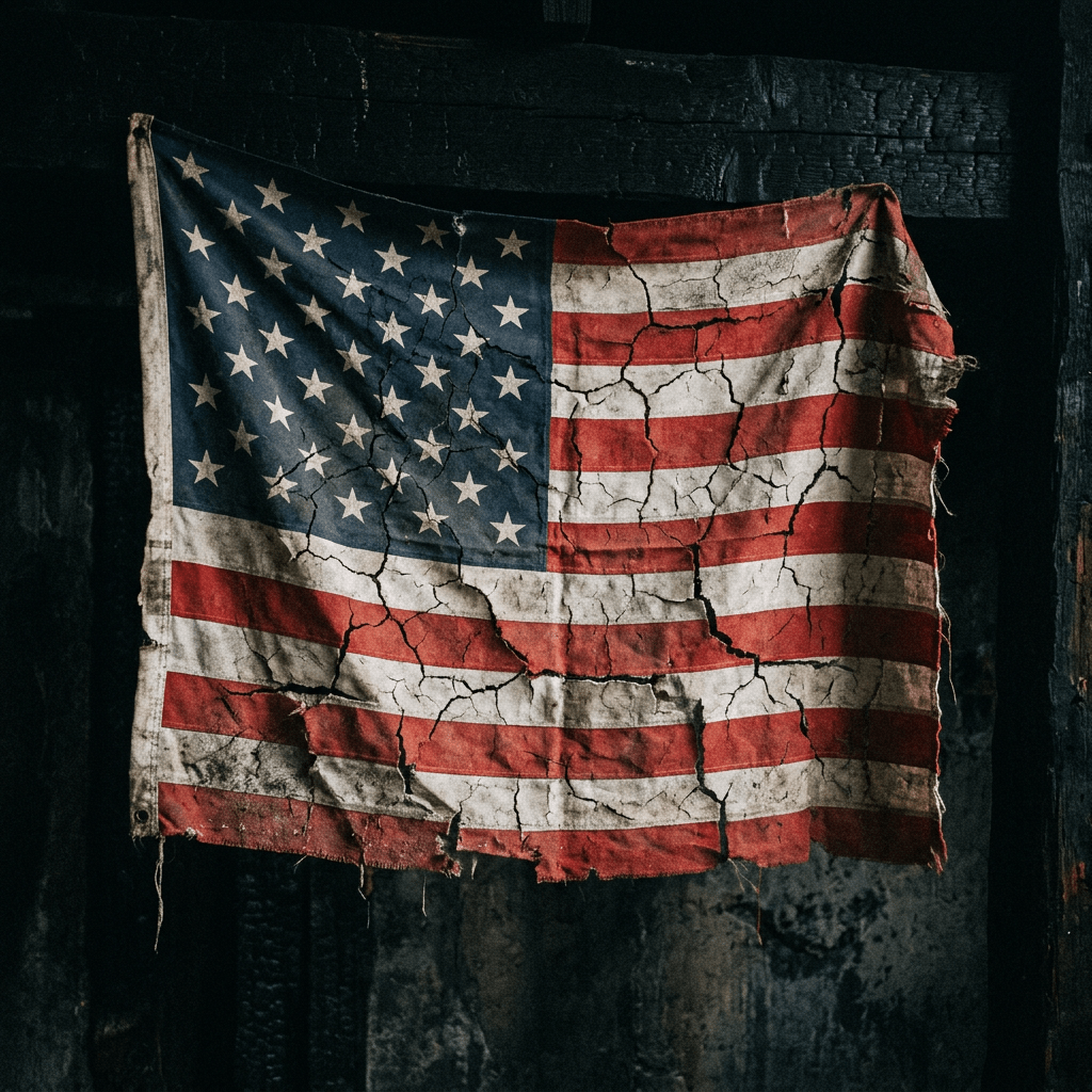 Worn American flag with visible cracks and fading colors.