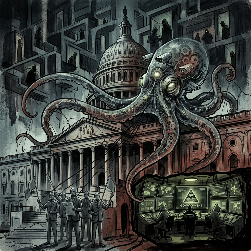 Mechanical octopus with surveillance cameras over Capitol building and hooded figures monitoring screens
