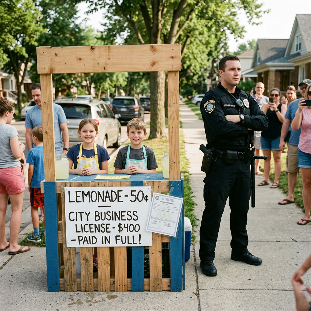 Children at a lemonade stand with a sign about a paid city business license and a police officer standing beside them