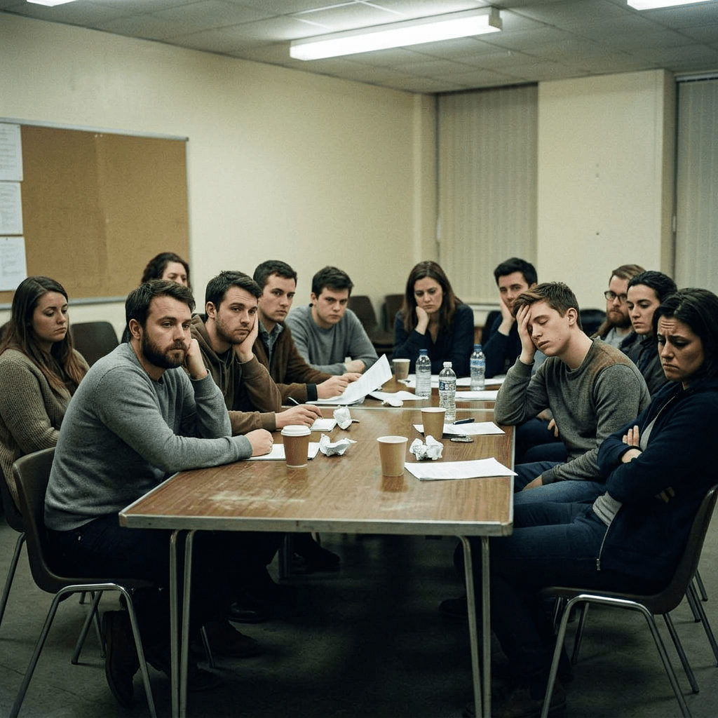 Twelve people sitting around a table appearing serious and pensive in a meeting room
