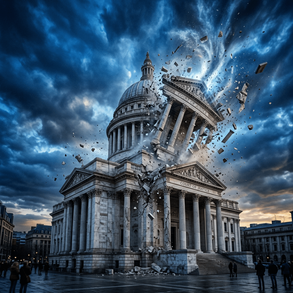 Court of Justice building crumbling and breaking apart amid dark clouds