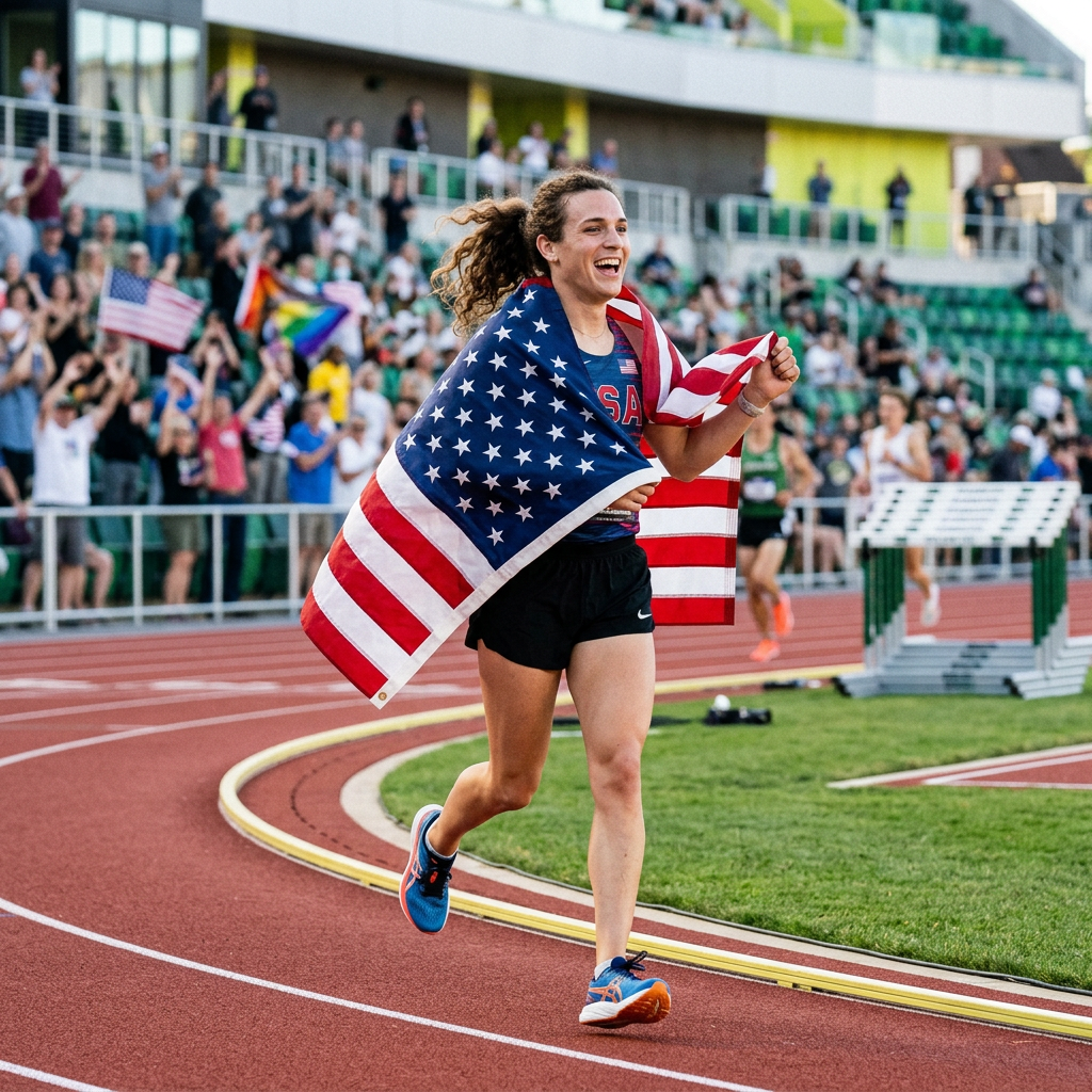 Athlete running on track wrapped in American flag celebrating