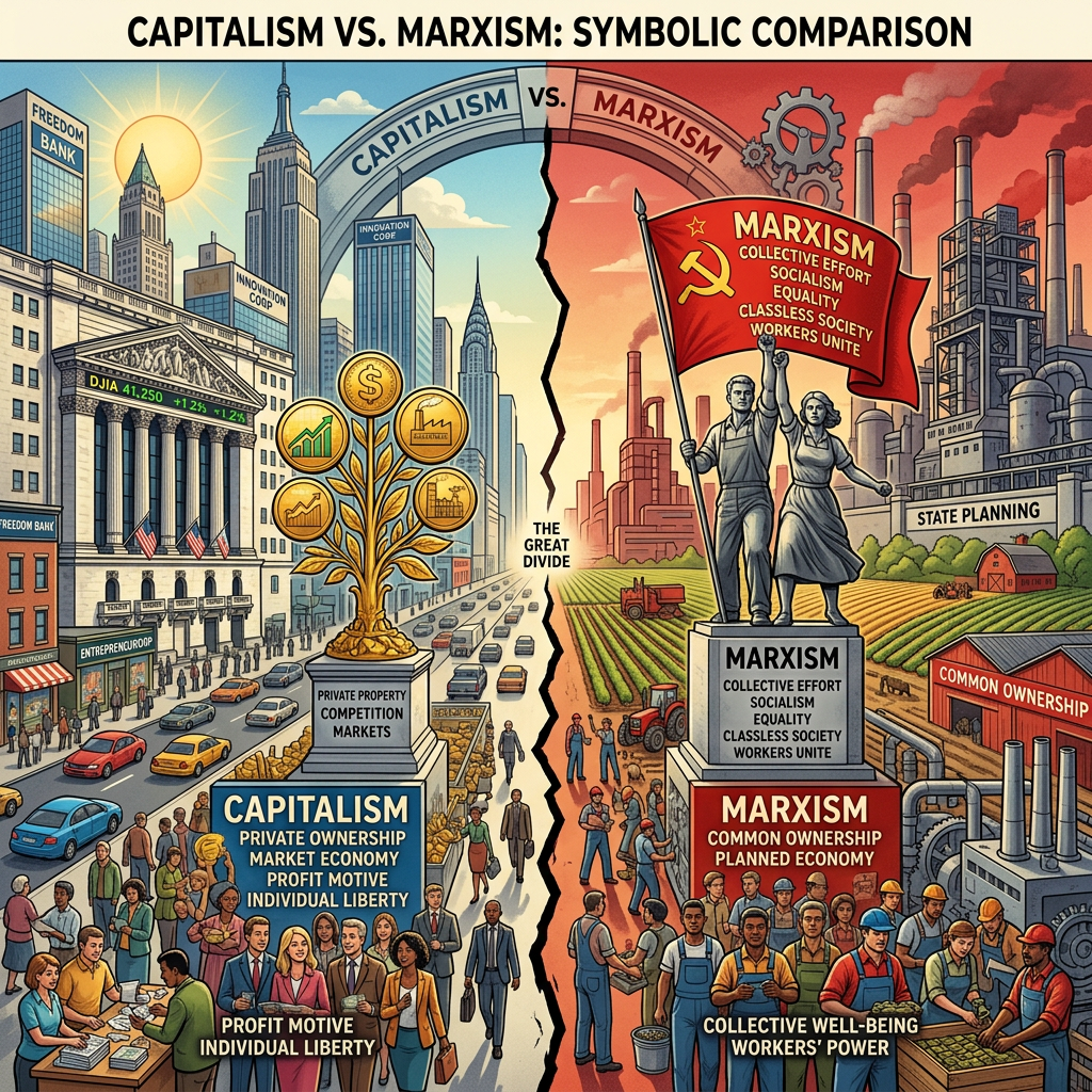 Illustration contrasting capitalism with skyscrapers, stock market, private property, and individual liberty on left; Marxism with factories, collective farming, common ownership, and workers unity on right.