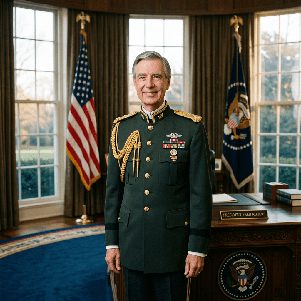 Fred Rogers in formal military uniform standing in the Oval Office with American and presidential flags behind