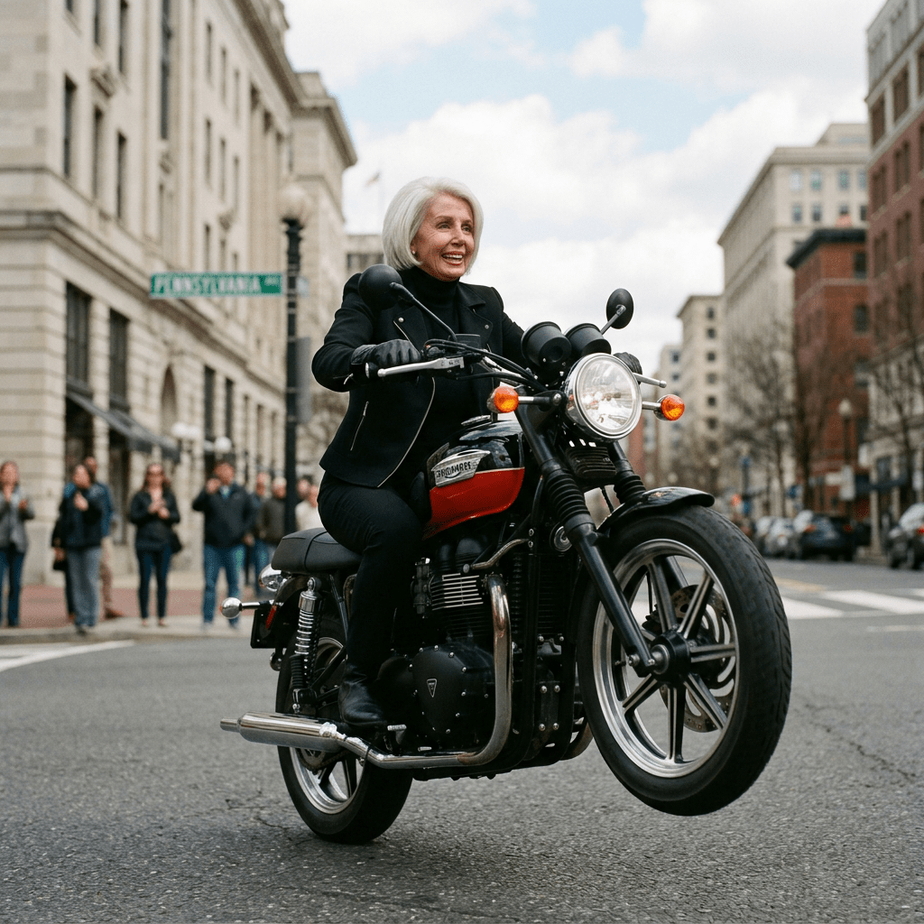 Older woman on motorcycle doing a wheelie in city street