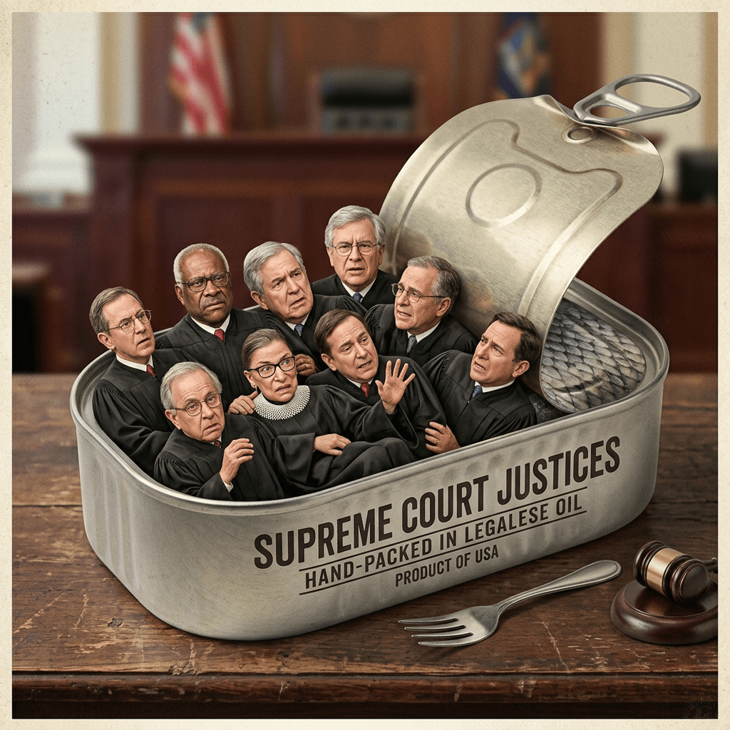 Supreme Court justices tightly packed inside a sardine can labeled 'Supreme Court Justices Hand-Packed In Legalese Oil'
