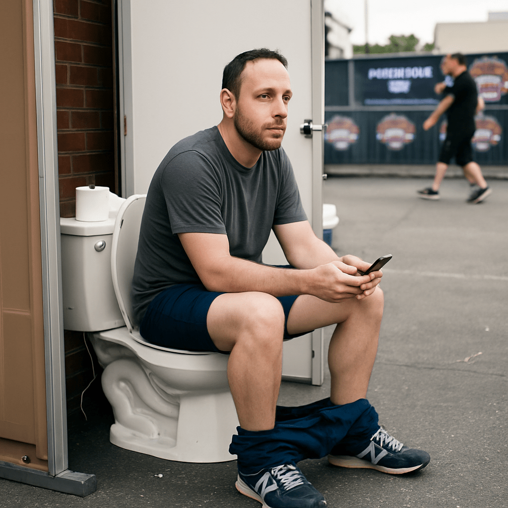 Man sitting on a toilet seat outside using a smartphone