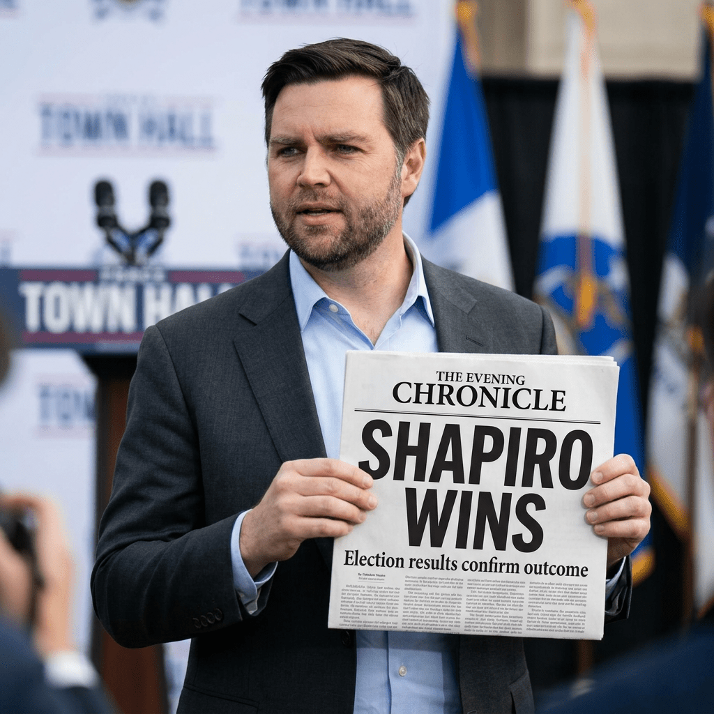 Man holding newspaper with headline 'Shapiro Wins' confirming election results