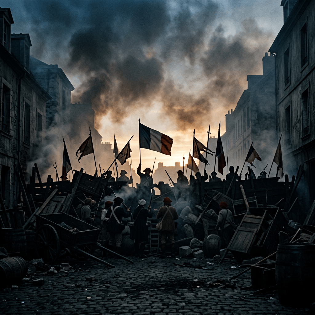 People behind a barricade holding French flags amidst smoke in a city street
