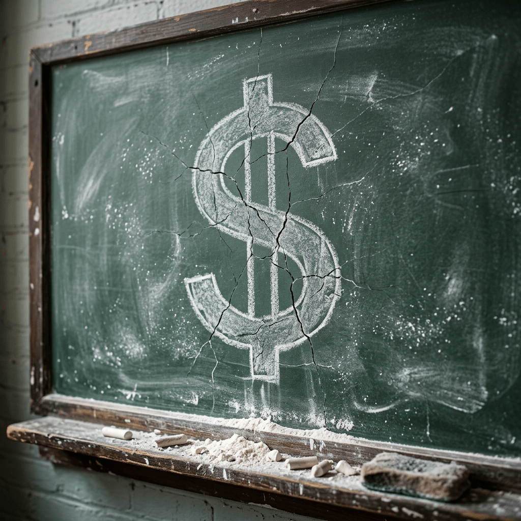 Chalkboard with a large dollar sign drawn in chalk showing cracks and broken lines