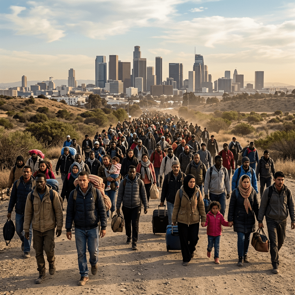 Crowd of people walking on a dirt road carrying bags and suitcases toward city buildings