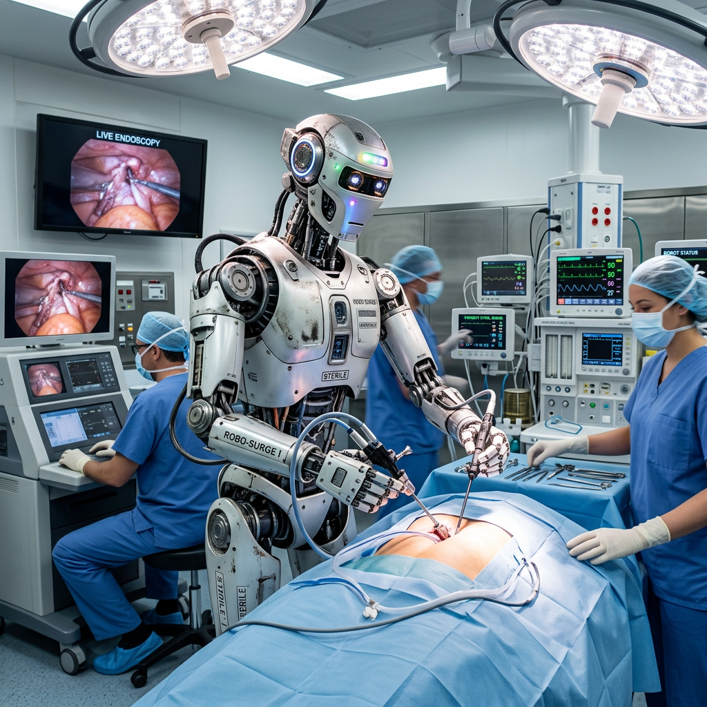 Robot performing laparoscopic surgery with medical staff assisting in operating room