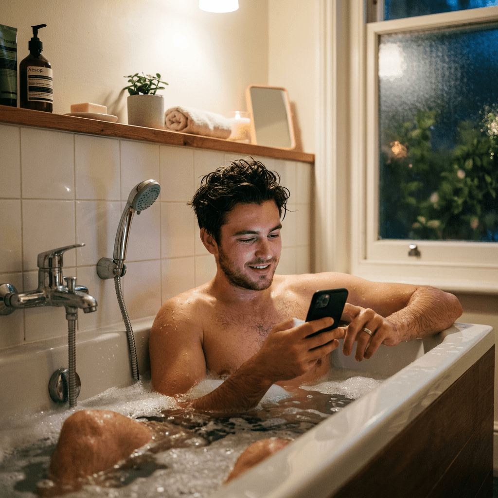 Man relaxing in a bathtub with bubbles, looking at a smartphone