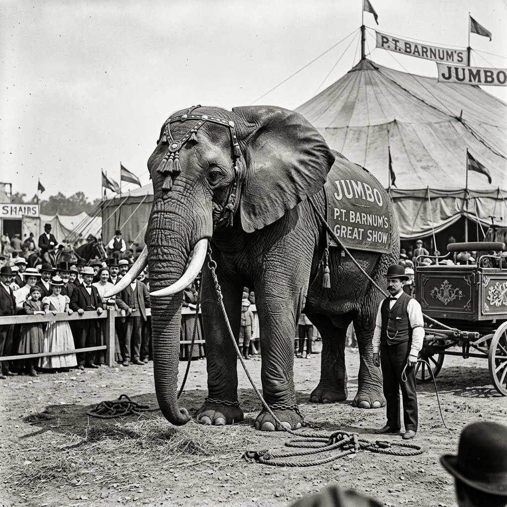 Large elephant named Jumbo with a decorated harness and blanket labeled P.T. Barnum's Great Show, standing next to a man in a bowler hat and vest at a circus