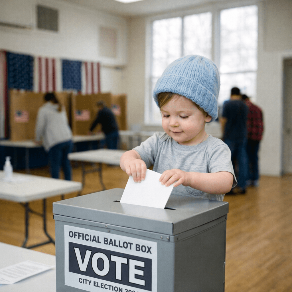 Parents helping a baby drop a ballot into an official voting box at a polling station