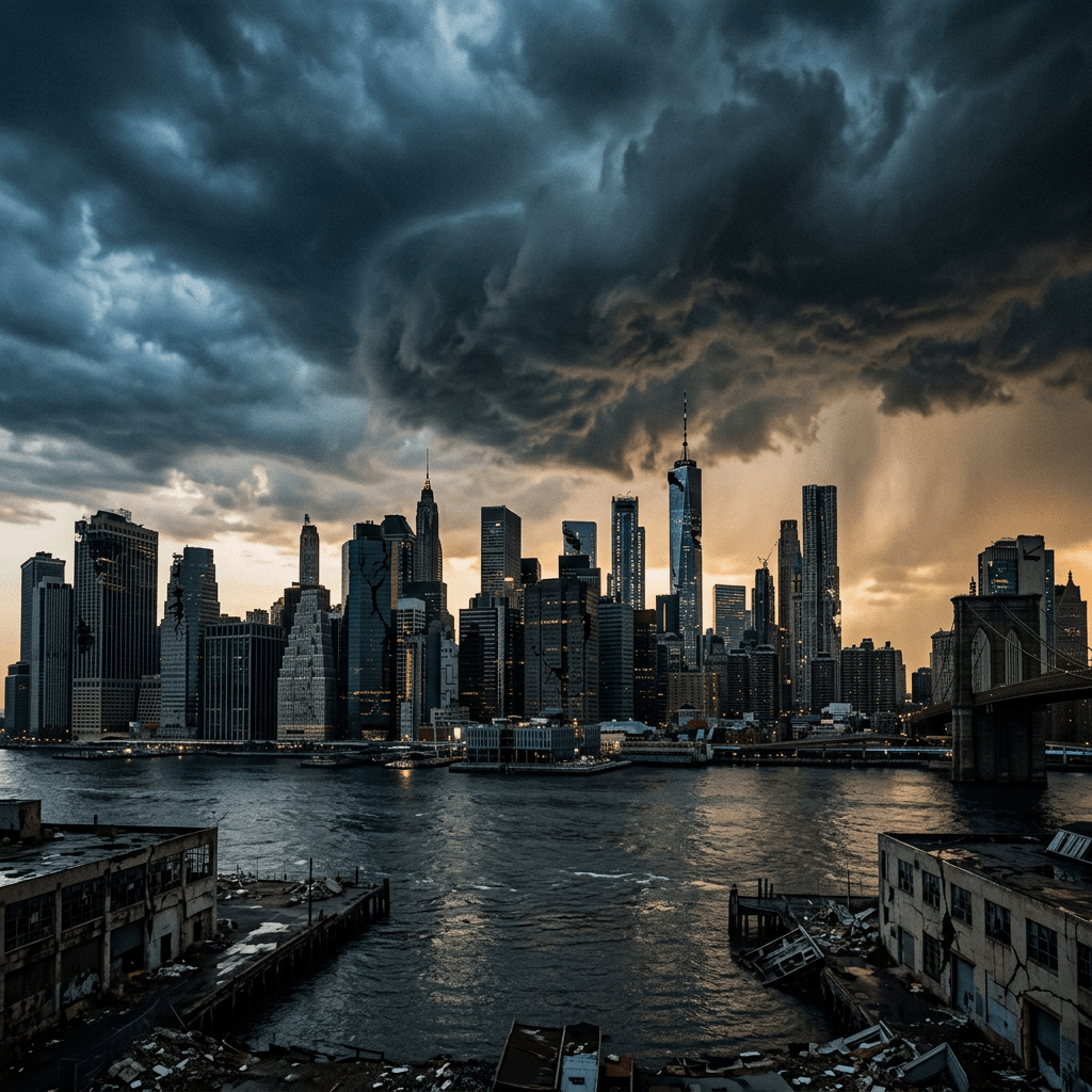 City skyline with dark storm clouds and turbulent water at dusk