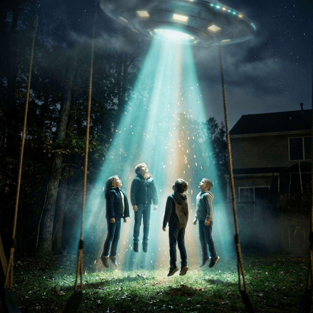 Four children levitating above grass, illuminated by a blue beam from a hovering UFO