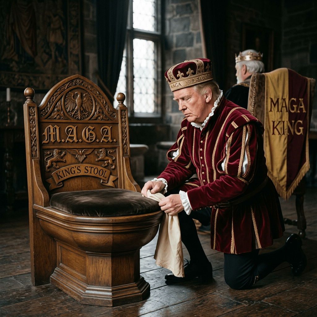 Man in regal attire kneeling next to a wooden throne with M.A.G.A. inscription