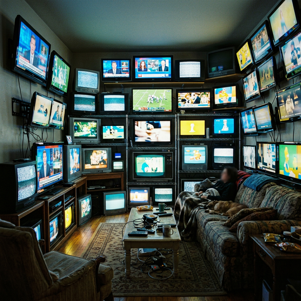 Living room with walls covered in multiple television screens displaying news, sports, and cartoons with a person and dog on a couch.