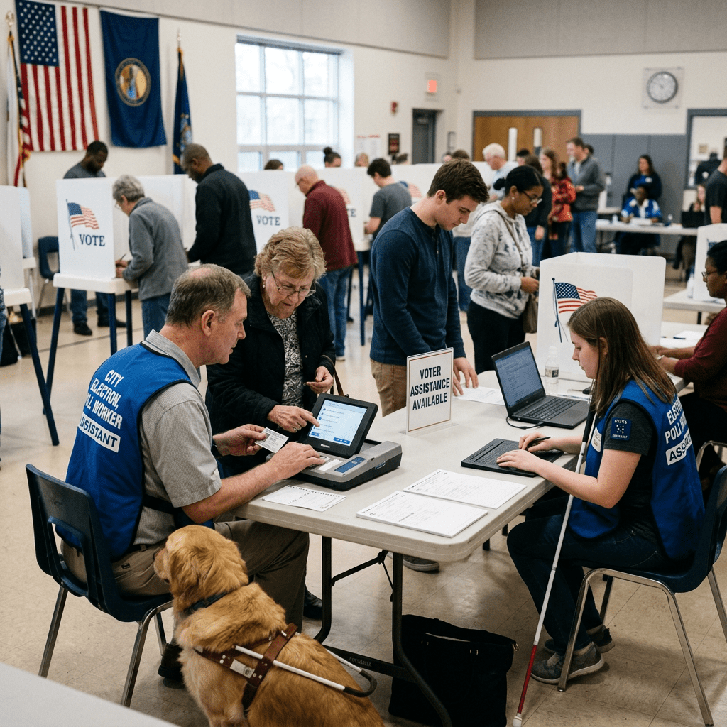 Poll workers assisting voters at a polling station with voter assistance sign and a guide dog present