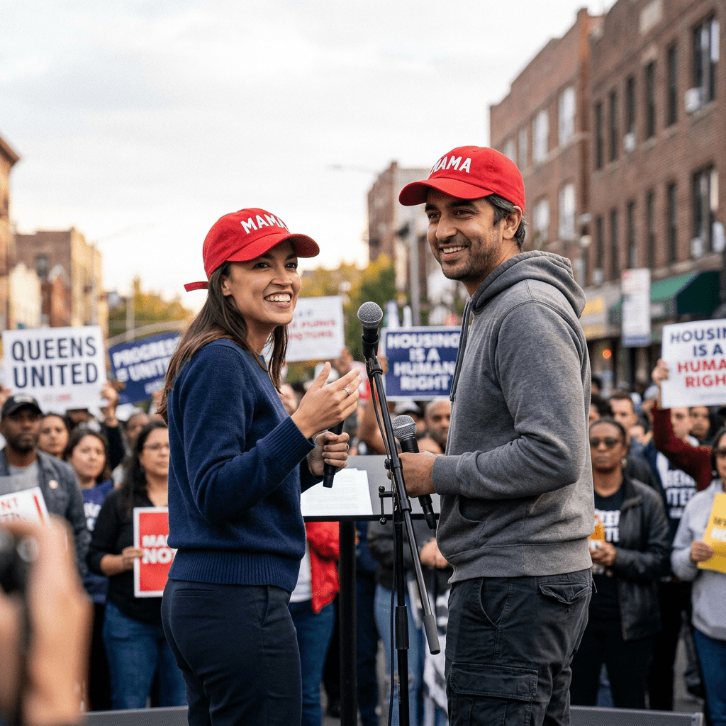 Two people speaking at a housing rights rally with crowd holding protest signs
