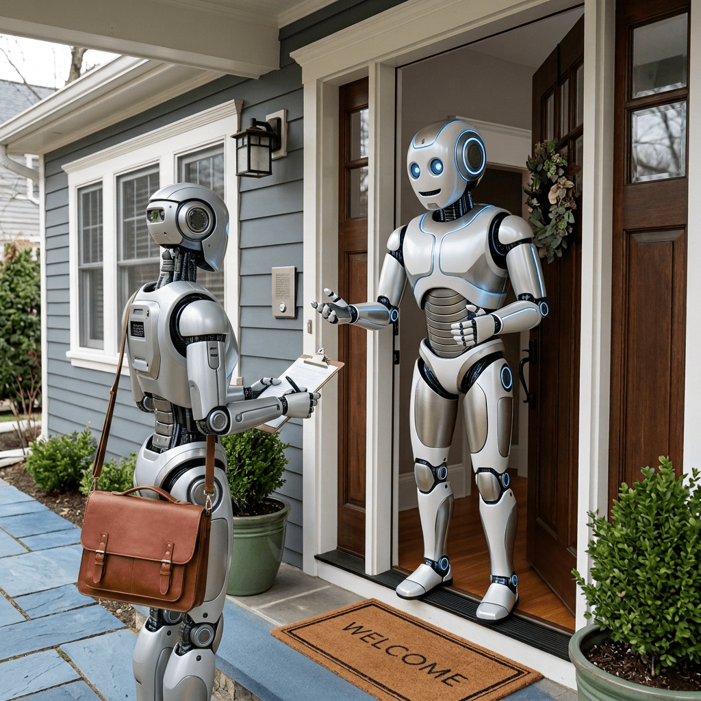 Robot standing at a house doorway greeting a woman with a clipboard