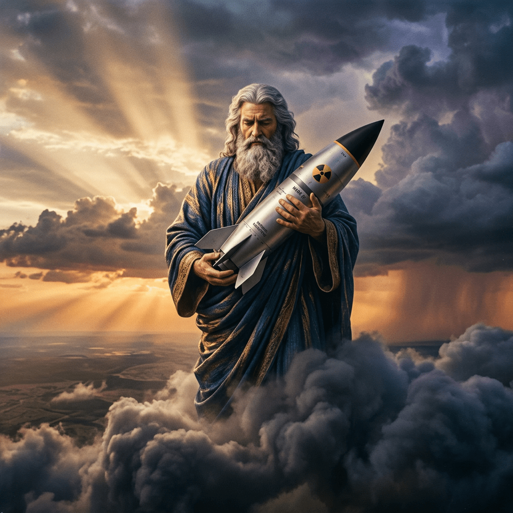 Elderly man with long grey hair and beard holding a nuclear missile with radioactive symbol