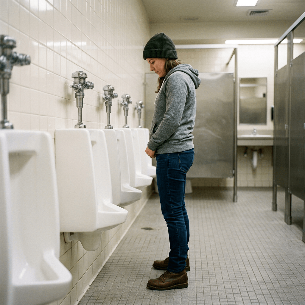 Woman in gray hoodie and green beanie standing in front of a urinal in a restroom