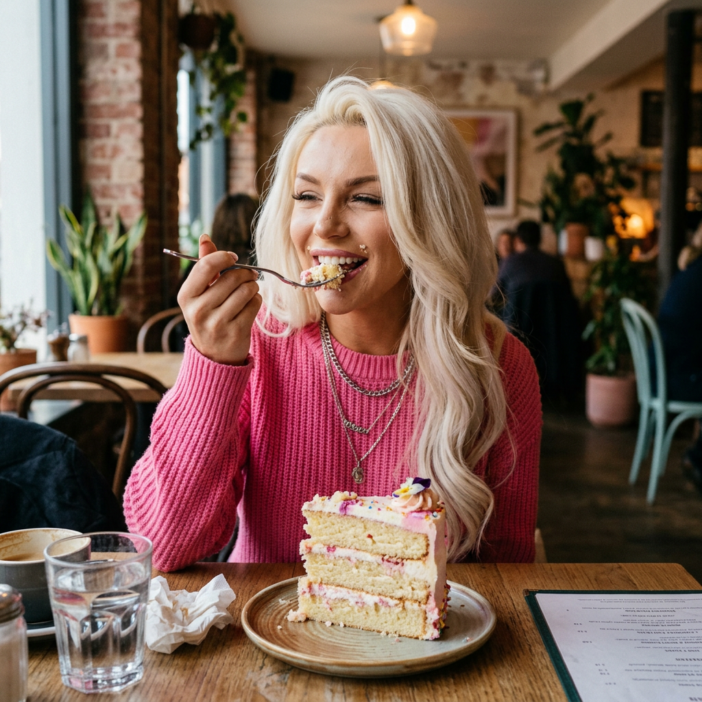 Woman in pink sweater eating a slice of layered cake in a cafe