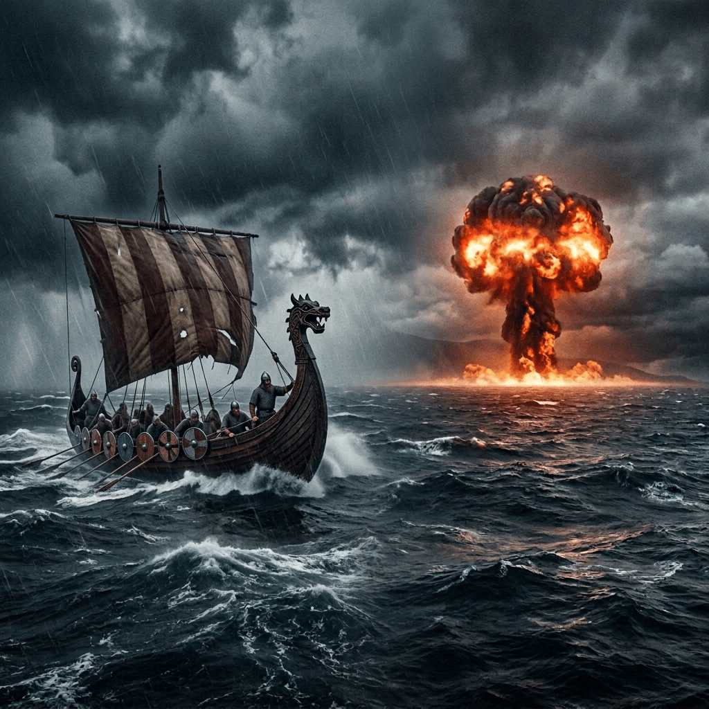 Cargo ship in stormy sea and large fiery explosion over ocean