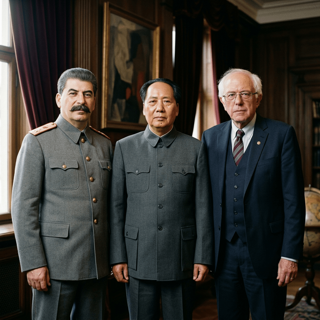 Three men standing in a room, two in gray military-style jackets and one in a dark suit with glasses