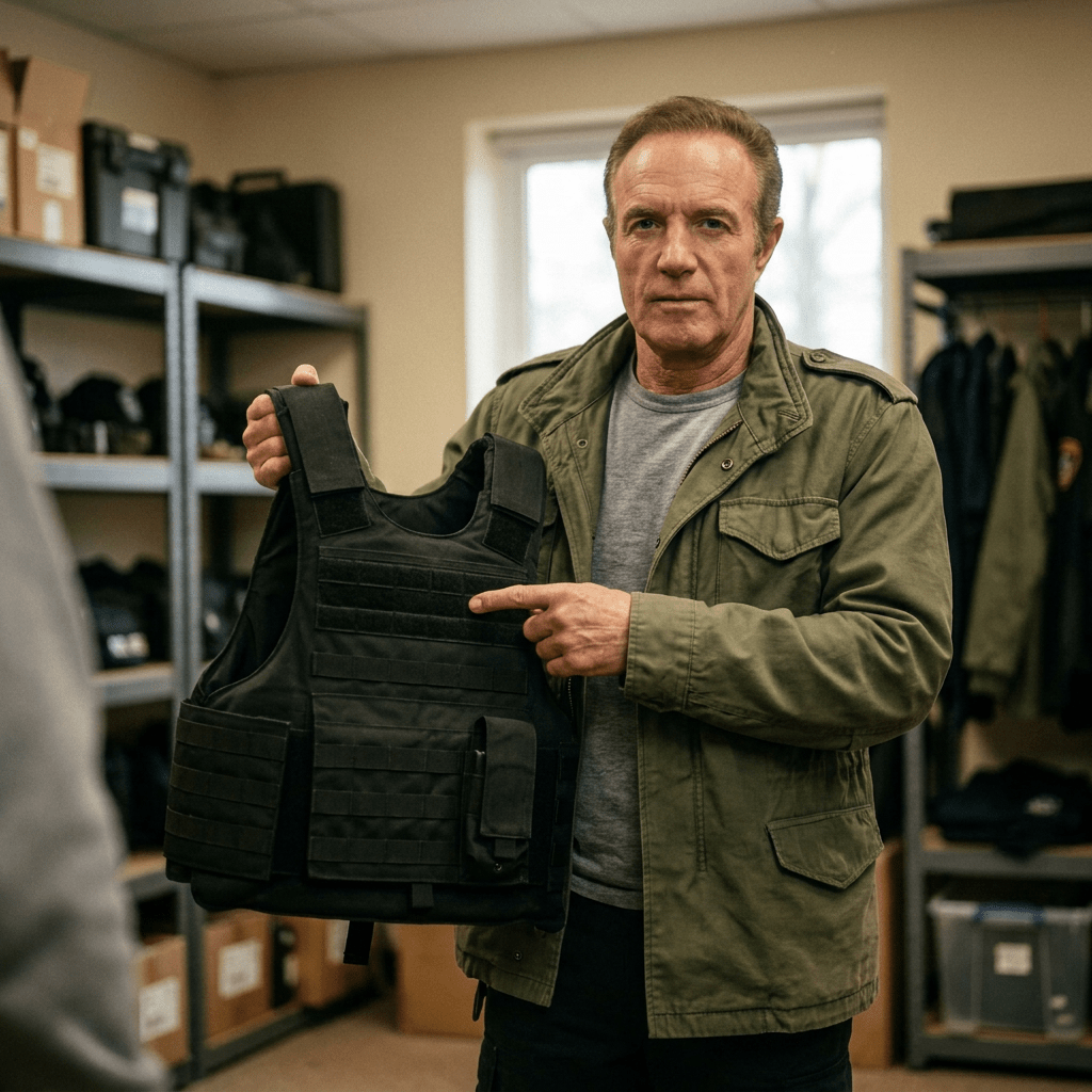 Man holding and pointing at a black tactical body armor vest in a storage room.