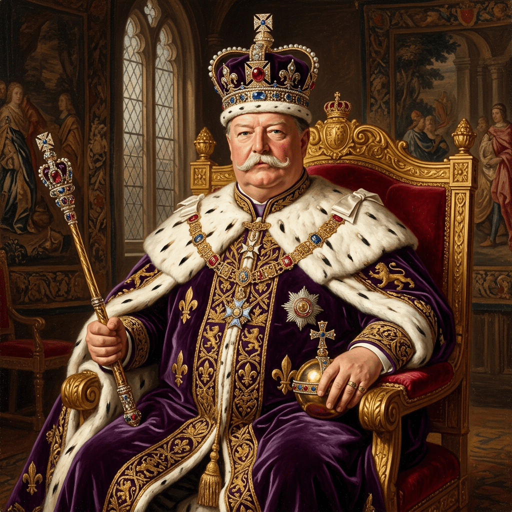 Monarch in purple velvet robe with fur trim, bejeweled crown holding scepter and orb on golden throne