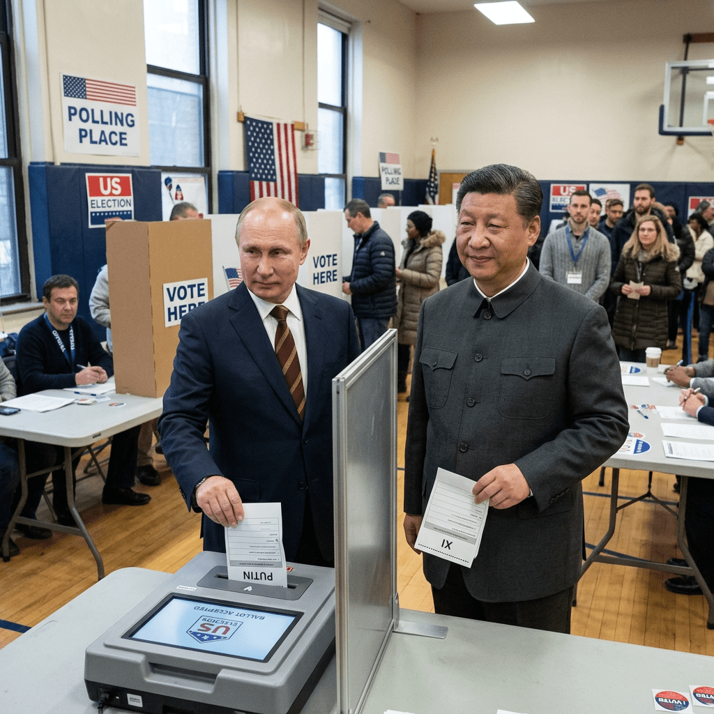 Two men in suits casting ballots in a voting booth with US election signs and people queuing