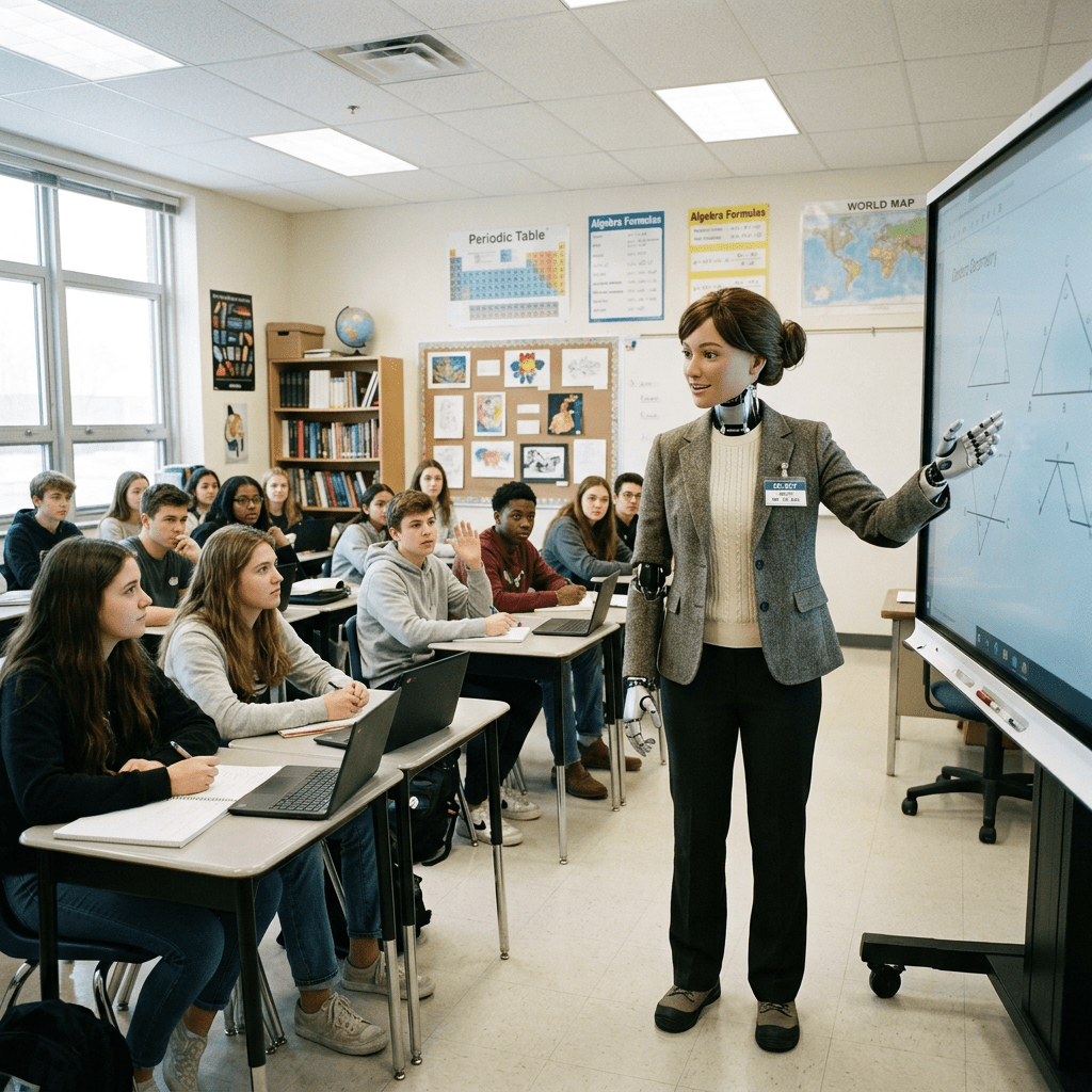 Humanoid robot teacher explaining geometric shapes on a digital whiteboard in a classroom with students.