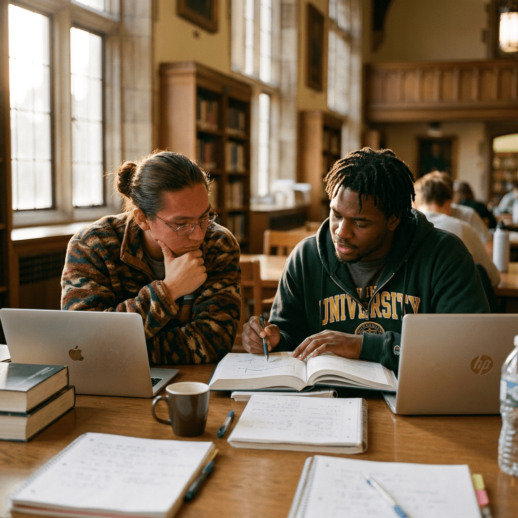 Two university students studying together with books and laptops in a library