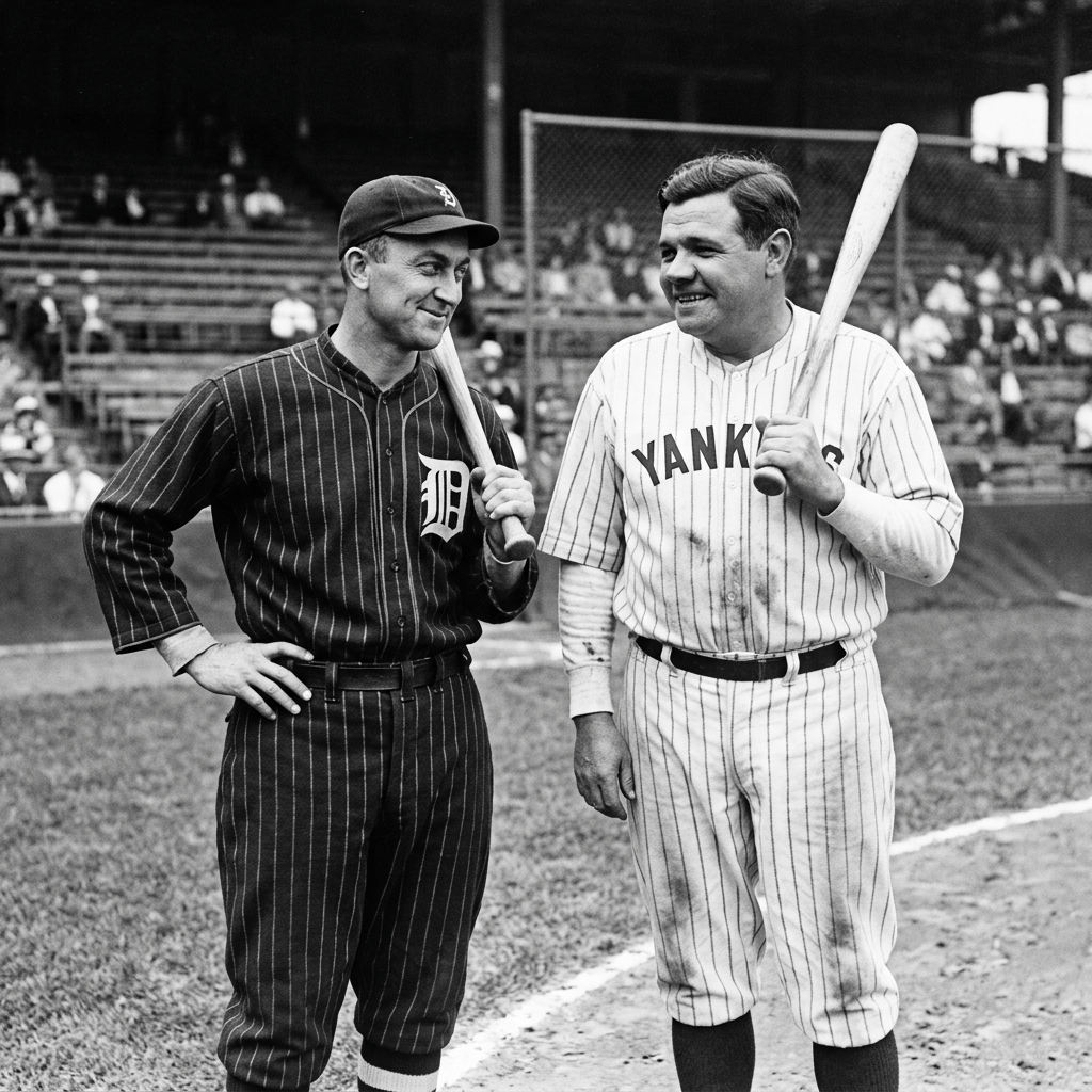 Two baseball players in vintage Detroit Tigers and New York Yankees uniforms holding bats