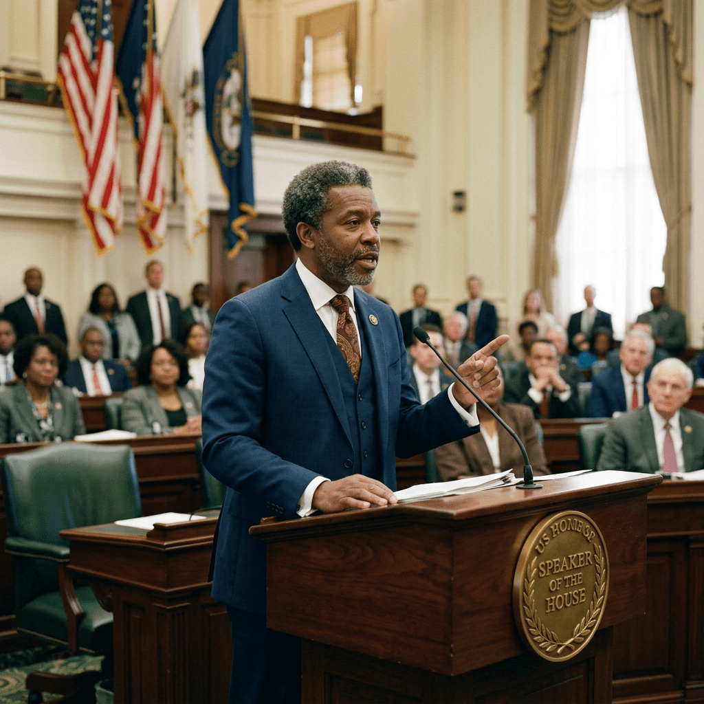 Congressman speaking at a podium in the U.S. House of Representatives chamber with audience