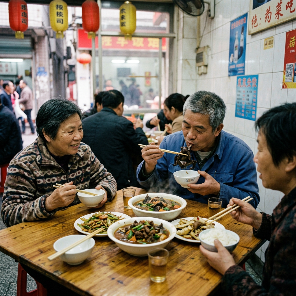 Three people eating traditional Chinese dishes together in a busy restaurant