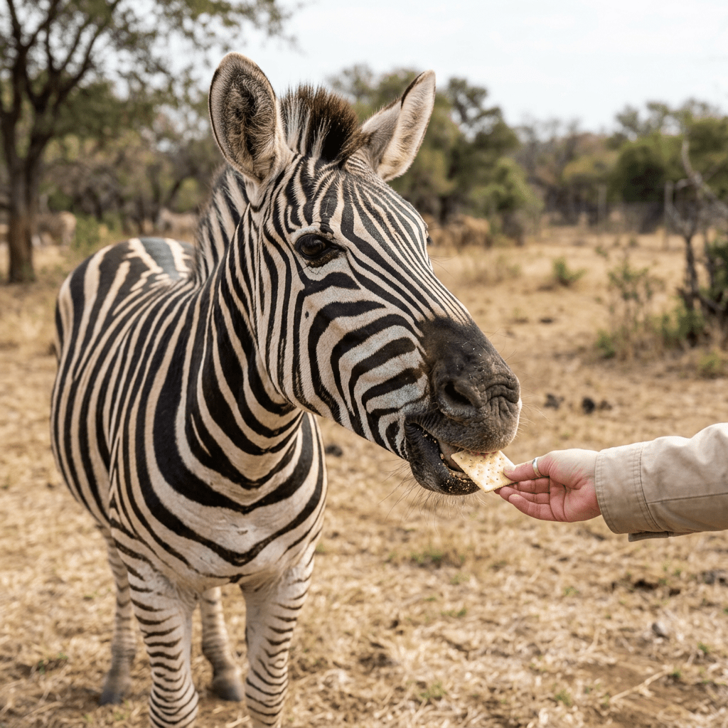 Zebra eating a cracker from a person's hand in an outdoor environment