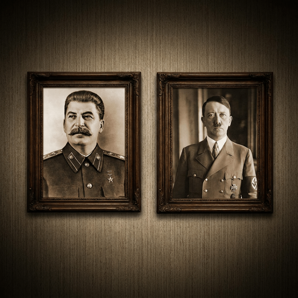 Portraits of Joseph Stalin in military uniform and Adolf Hitler in Nazi uniform with swastika armband