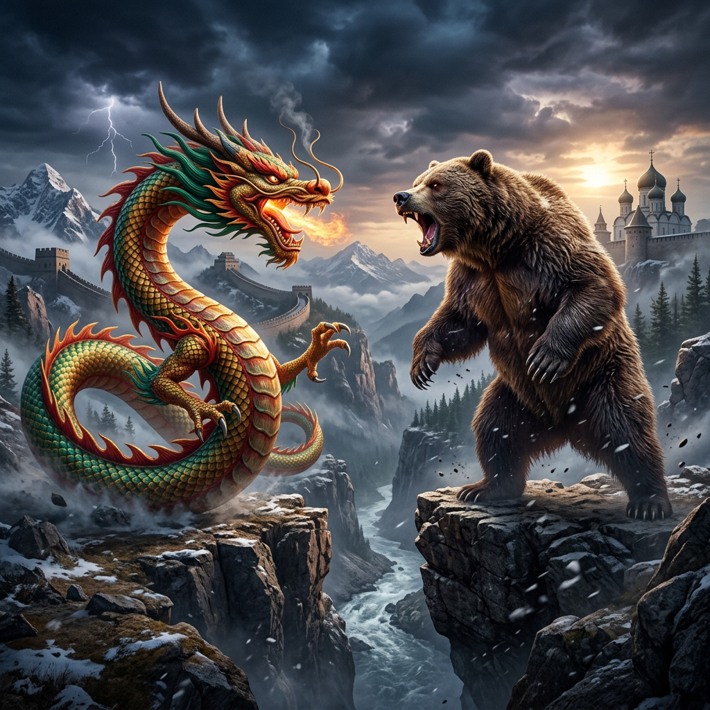 A fire-breathing dragon facing off against a roaring bear on cliffs