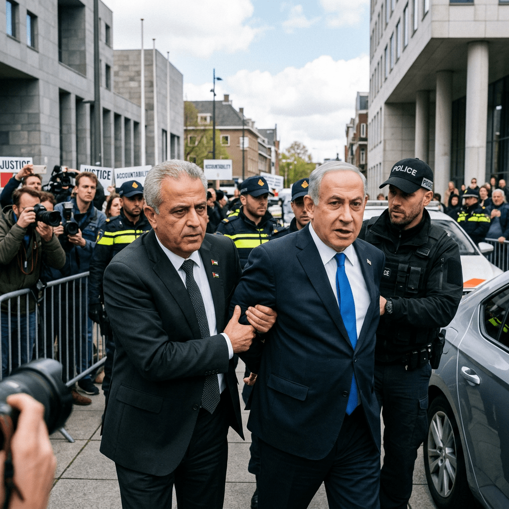 Man in suit escorted by police with protestors and photographers in background