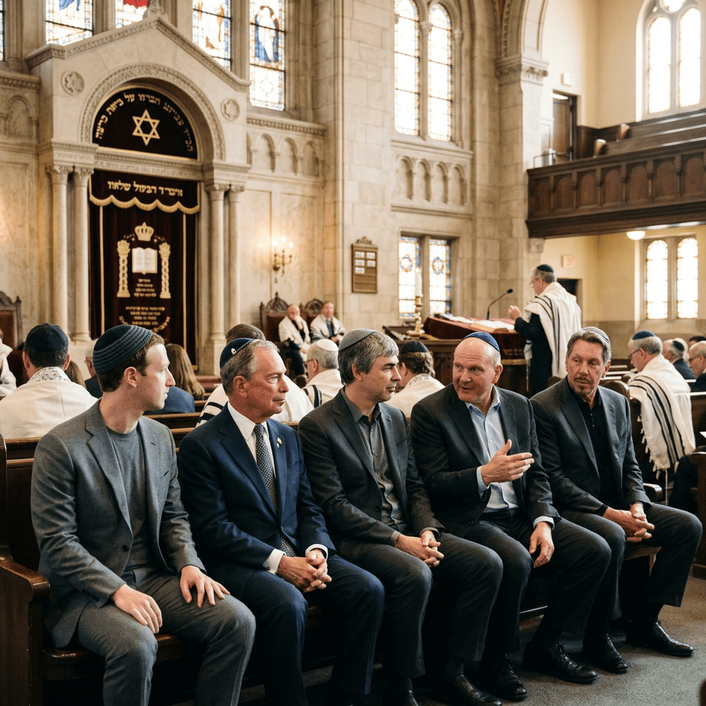 Several men seated in synagogue wearing yarmulkes and suits