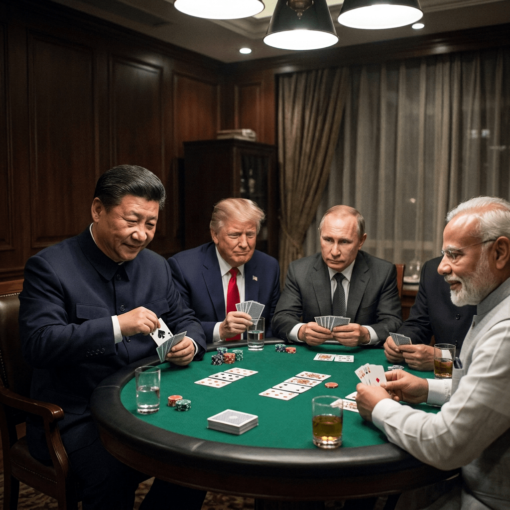 Four men in suits sitting around a green poker table playing cards indoors